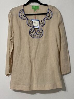 NWT Papagallo Embroidered 100% Linen Tunic XL Coastal Resort Cream